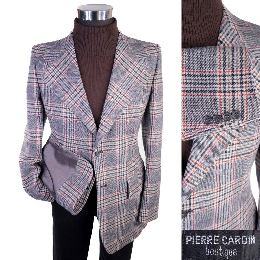 VTG Pierre Cardin Blazer Sport Coat Sz 38L Plaid Wide Lapel Made In France